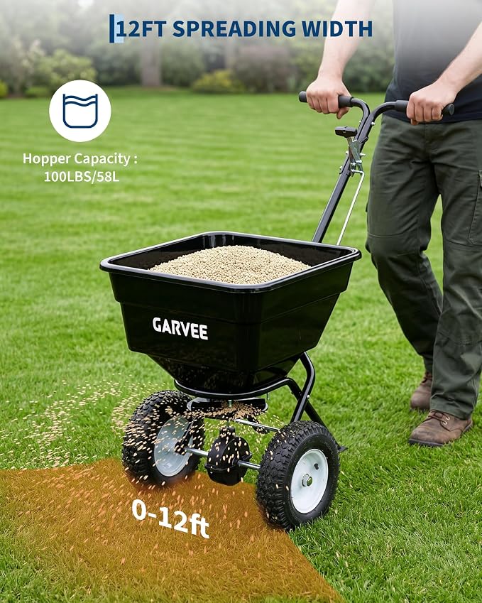 100LBS Push Broadcast Spreader, 12FT Spreading Width, 13in All-Terrain Wheels, Adjustable Flow Control, Heavy Duty Walk Behind Lawn Spreader for Fertilizer, Grass Seed, Ice Melt, Salt