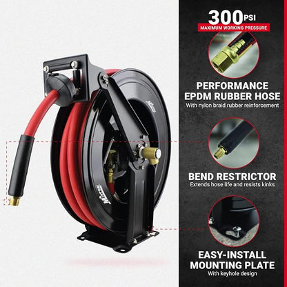 Milton 2780-50D - Steel Dual Arm Auto-Retractable Air Hose Reel, 1/2" x 50 ft. Rubber Hose - 300 Max PSI & (S-224) G-Style Coupler, Plug and Air hose Reducer Bushing Kit – 5 Pieces