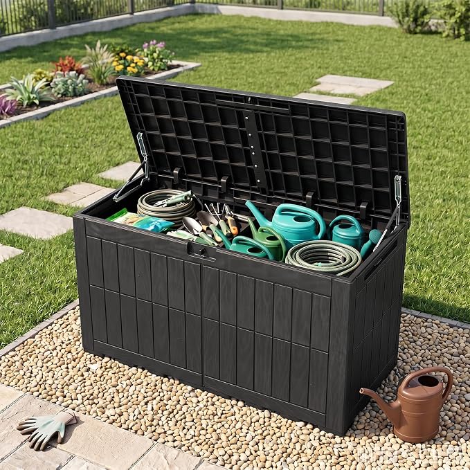 Tangkula 100 Gallon Outdoor Storage Box, Waterproof PP Resin Patio Storage Box with Lockable Lid for Indoor & Outdoor Use, 2-in-1 Rattan Design Deck Box for Cushions, Garden Tools