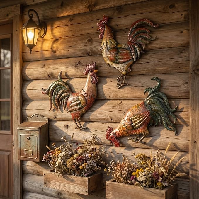 GUAN YANG Set of 3 Metal Rooster Wall Decor, 33x31cm Original Design Waterproof Sturdy Easy to Install Farmhouse Kitchen Wall Decor, Rustic Outdoor Patio Wall Art for Home Decor Gift