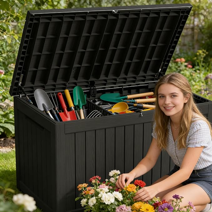270 Gallon Outdoor Storage Box Resin Deck Box All Weather Waterproof Large Lockable Storage Container Deck Box for Patio Furniture, Garden Tools, Lockable, Black New
