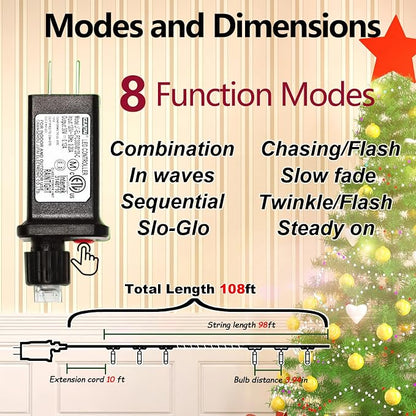 300 Led Red String Lights Outdoor Waterproof Christmas Decorations, 108 Ft Fairy Lights for Bedroom, 8 Modes Plug in Christmas Lights for Outside Room Decor