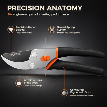 VOTREK® Pruning Shears, 8.5” Professional Garden Pruner with Jam-Proof Spring & Ever-Sharp SK5 Blade, Ergonomic Bypass Clippers for Rose, Tree Trimming, Heavy Duty Bonsai Scissor for Weak Hand