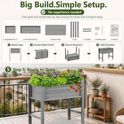 YEFU 34" Small Garden Planter, Wood-Look HIPS Compact Planter Box, Grey | Small Garden Planter for Balconies, Patios & Porches, Wood-Look HIPS, 30" Height, Drainage, 385 lbs Support for Herbs