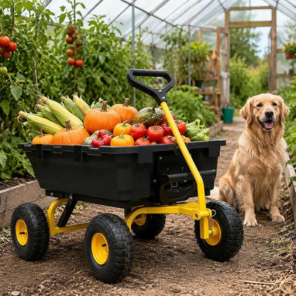 Wheelbarrow Garden Dump Cart Wagon, Yellow | Upgrade 10" All Terrain Pneumatic Tires,DIY Expansion over 900LBS Capacity, Transportation in Yard, Farm, Garden
