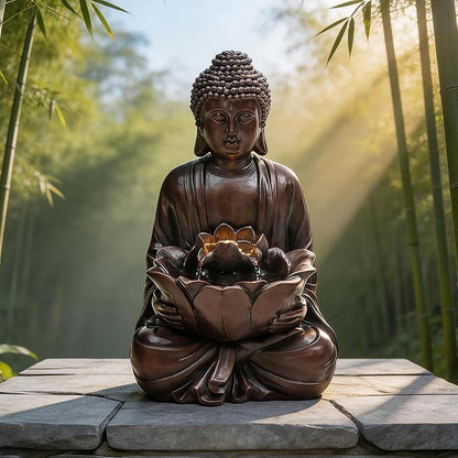 Zen Buddha Water Fountain Outdoor, 19" H Handcrafted Buddha Statue Water Feature with Soothing Waterfalls & Lights, Peaceful Oasis for Garden Patio Yard Deck Living Room Floor Tabletop Decor | Zen Lotus Water Feature with Soothing Cascading Waterfall f...
