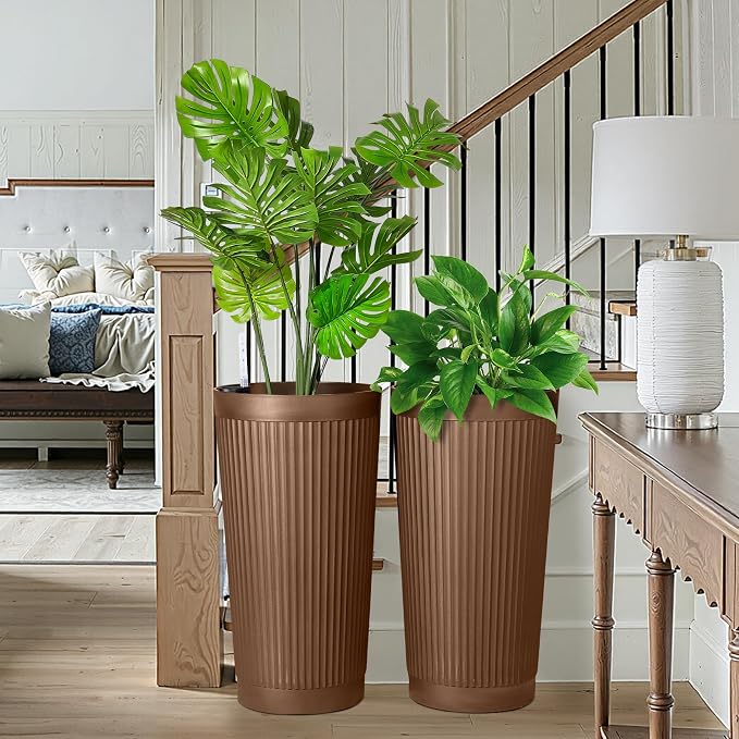 FENCY Self Watering Tall Planters Set of 2, Brown Round | 24 Inch, with Water Level Indicator& Spacious Reservoir, Plastic Tapered Pots, Weather-Resistant, Front Door Decor