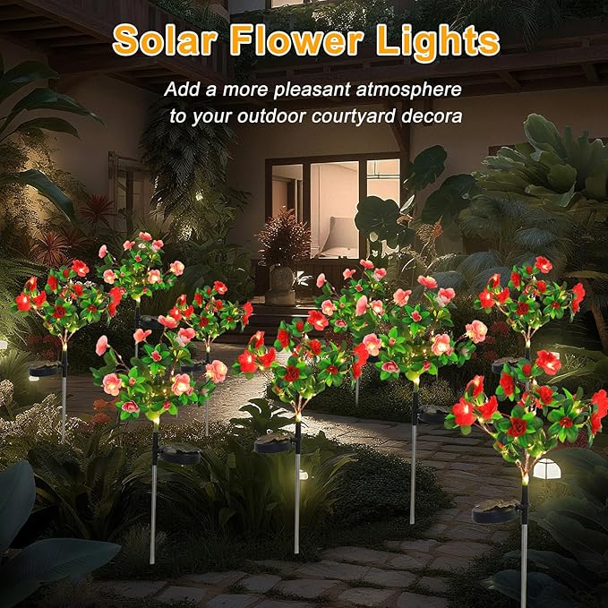 Garden 4 Pack LED Solar Flower Lights with More Realistic Azalea Flowers Solar Garden Lights Outdoor Waterproof for Yard Patio Lawn Pathway Walkway Decoration 4-Pack Red & Pink Combo