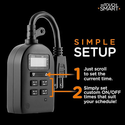 myTouchSmart Indoor/Outdoor Plug-in Digital Timer, One Grounded Outlet, Two Easy-to-Set Custom Daily On/Off Times, Weather Resistant, Ideal for Small Pumps and Seasonal Lighting, 36027