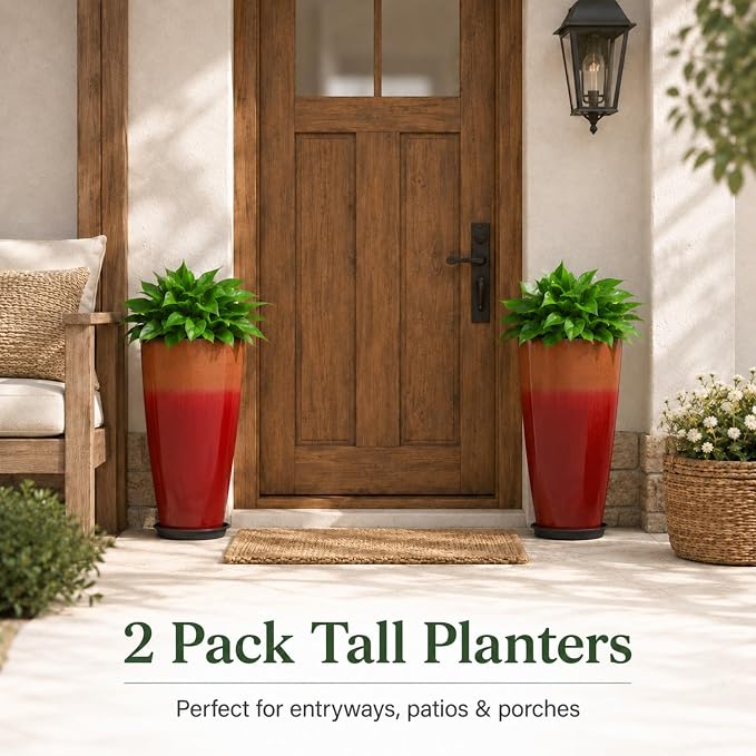 Neoaider Set of 2 Tall Planter, 21 inch Large Plastic Planter, Firey Red | Ceramic-Look, Lightweight, Built-in Drain Hole, Saucers, Tall Outdoor Planter for Porch, Garden, Patio, Balcony
