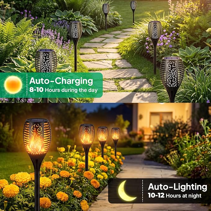 TomCare Solar Lights Outdoor Flickering Flame Solar Torch Lights Waterproof Outdoor Lighting Solar Powered Pathway Lights Christmas Decorations for Garden Patio Yard Landscape, 6 Pack