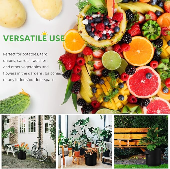 24 Pack 3 Gallon Plant Grow Bags, Thickened Nonwoven Fabric Pots with Handles, Vegetable Planter Bags Containers, Cloth Planters for Garden Vegetable/Flower/Plant/Fruits Outdoor (Black)
