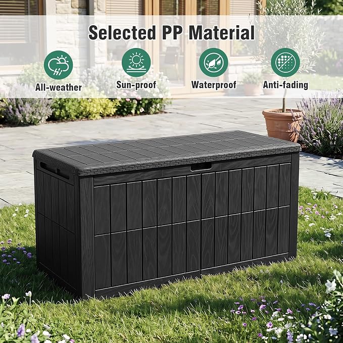 Tangkula 100 Gallon Outdoor Storage Box, Waterproof PP Resin Patio Storage Box with Lockable Lid for Indoor & Outdoor Use, 2-in-1 Rattan Design Deck Box for Cushions, Garden Tools