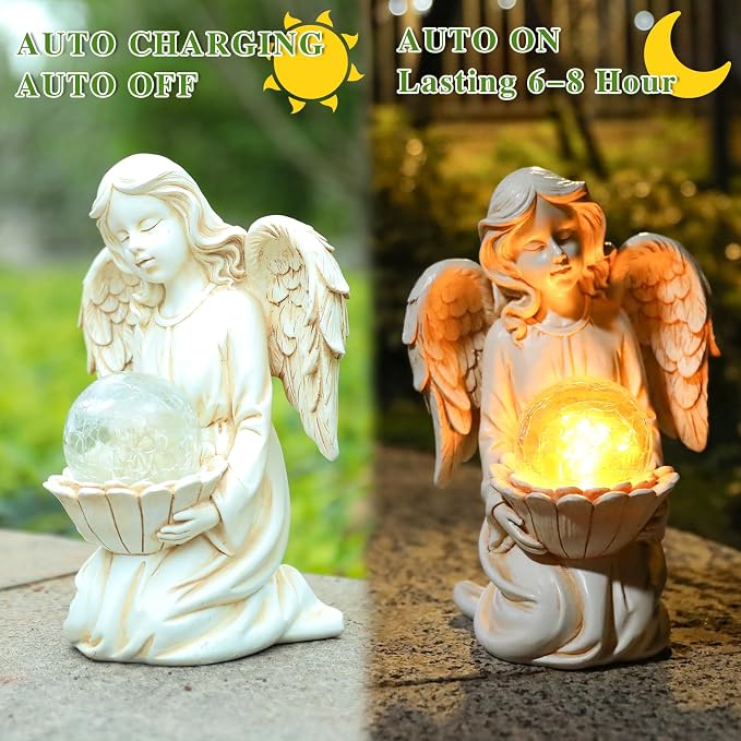 Angel Statue Outdoor Decor, Angel Garden Statues Holding Lotus Flower with Crackle Glass Globe Solar LED Lights Yard Decorations Lawn Ornaments Figurines for Outside or Gardening Gifts