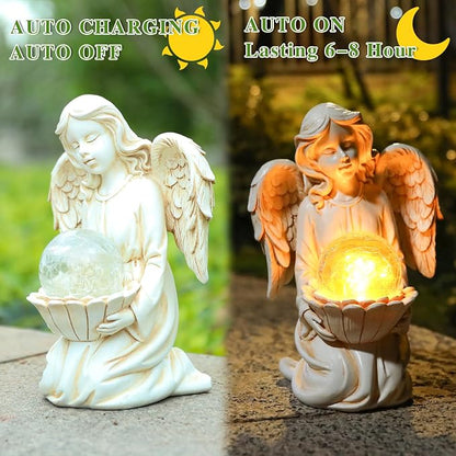 Angel Statue Outdoor Decor, Angel Garden Statues Holding Lotus Flower with Crackle Glass Globe Solar LED Lights Yard Decorations Lawn Ornaments Figurines for Outside or Gardening Gifts