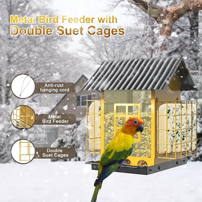 FlowaFoli Bird Feeders for Outdoors Hanging, Metal Bird Feeder with Double Suet Cage Cake, Large Capacity, Birdfeeders Sturdy & Weatherproof, Easy to Clean & Refill, Great for Attracting Wild Birds