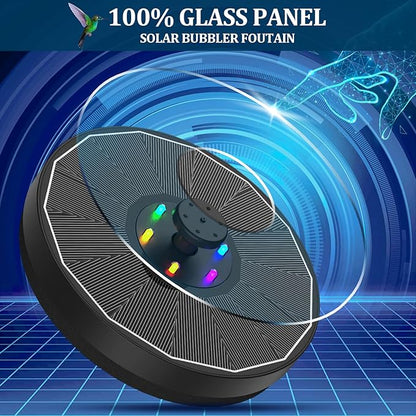 Solar Fountain New, 3.5W Solar Bird Bath Fountains with Glass Panel, 2200 Battery, Hummingbird Water Features with Color LED Lights, 8 Spray Modes & 4 Fixed Pipes for Garden, Pool, Pond