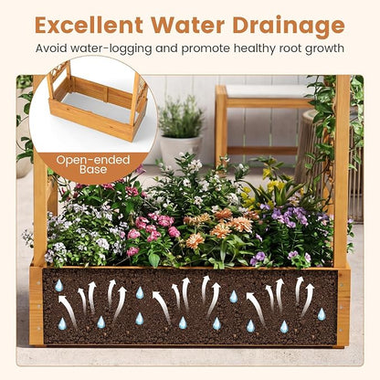 Happygrill 70” Raised Garden Bed with Trellis, Wood Planter Box w/Hanging Roof, 2 Side Trellises, Open-ended Base for Flower, Vegetable, Vine Climbing Plant, Vertical Plant Container for Garden, Patio