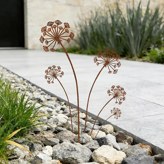 KODIBO 5-Pack Metal Yard Stakes, Rustic Dandelion Outdoor Yard Art Decor | Weather-Resistant Metal, Antique Rust Finish, Dandelion Design, For Lawn Border Planters Patio Lawn & Front Yard Landscaping