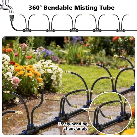 Drip Irrigation System 2 Ports - 360°Adjustable Garden Watering System 33FT with 20 Nozzles, Drip Irrigation Kit for Garden, Yard, Lawn, Greenhouse, Plants, 2/5 inch Hose