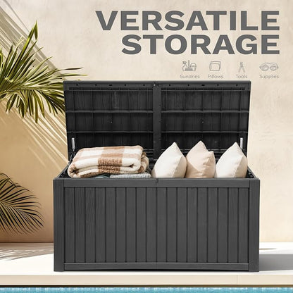 DWVO 220 Gallon Extra-Large Patio Deck Box, Waterproof Resin Outdoor Storage Box with Removable Divider for Patio, Garden, Pool, Furniture and Tools, Black