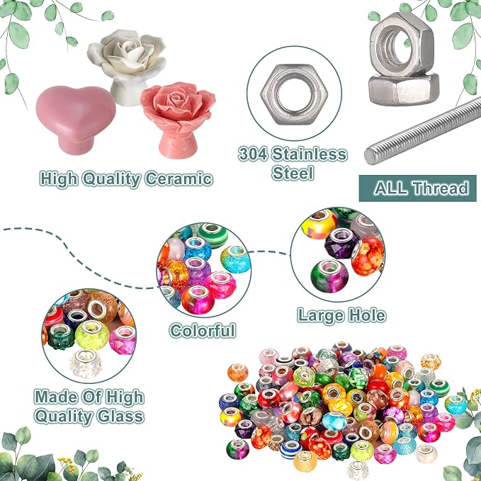 Tigeen 236 Pcs Garden Stake DIY Fairy Wand Plant Stake with 12 Colorful Crystal Stopper Top 12 Threaded Rod with 200 Large Hole Bead for Spring Summer Holiday Outdoor Decorations(Ceramic Rose Heart)