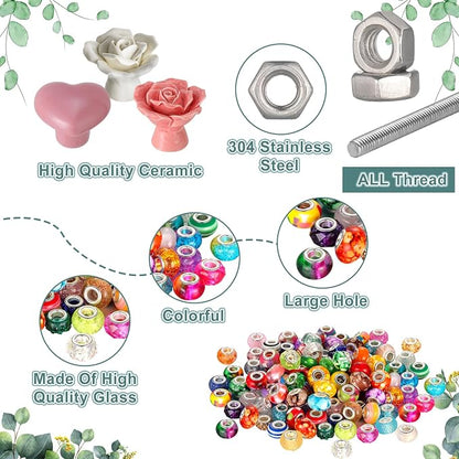 Tigeen 236 Pcs Garden Stake DIY Fairy Wand Plant Stake with 12 Colorful Crystal Stopper Top 12 Threaded Rod with 200 Large Hole Bead for Spring Summer Holiday Outdoor Decorations(Ceramic Rose Heart)
