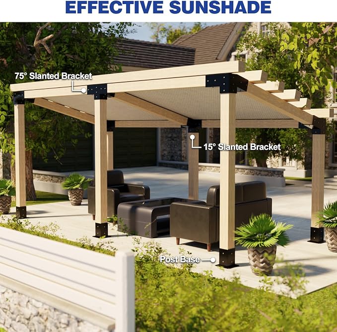Pergola Kit, Slanted Roof Pergola Bracket, 4-Way Brackets with Post Base Kit, Log Cabin Outdoor 4"x 4" (Actual 3.5" X 3.5") Lumber
