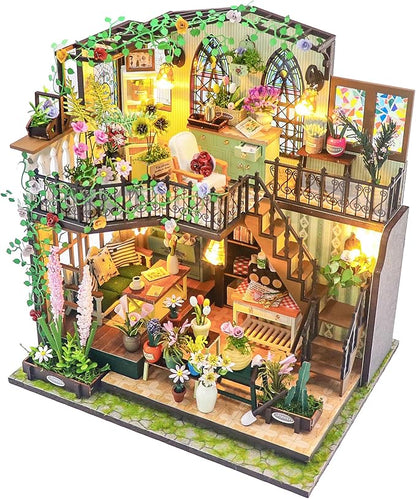 DIY Miniature House Kit, Fairy Dollhouse for Adults to Bulid,Tiny Home Making Kit with Wooden Furniture and LED, Halloween Decoration for Family and Friends (Darcy Flower House)