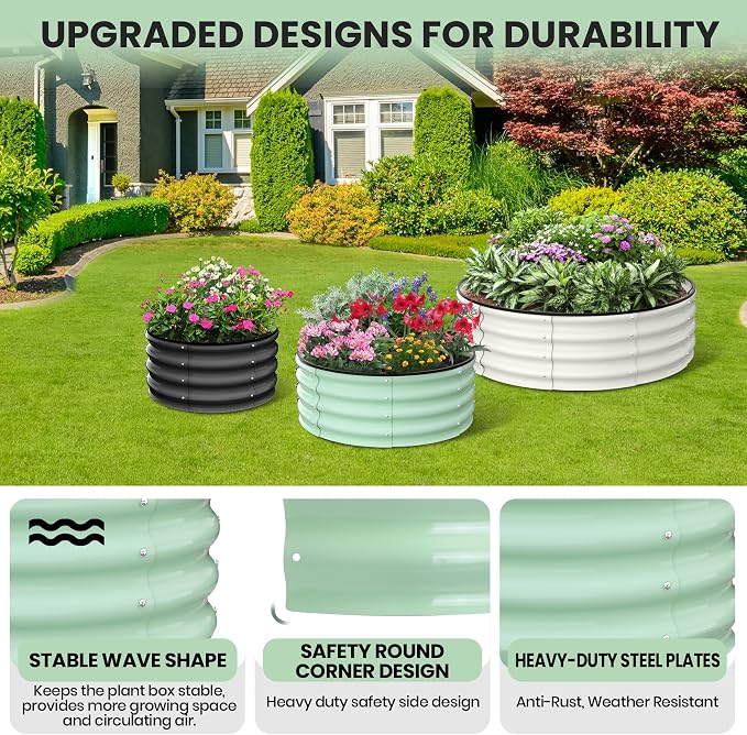 Garvee Galvanized Raised Garden Bed, 2Pcs Raised Garden Beds Outdoor, Round Planter Raised Beds with Gloves and Rubber Edge Trim for Vegetables, Flowers and Herbs, 3x3x1 FT, Green