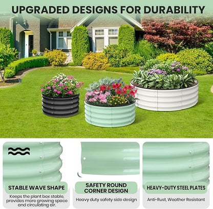 Garvee Galvanized Raised Garden Bed, 2Pcs Raised Garden Beds Outdoor, Round Planter Raised Beds with Gloves and Rubber Edge Trim for Vegetables, Flowers and Herbs, 3x3x1 FT, Green
