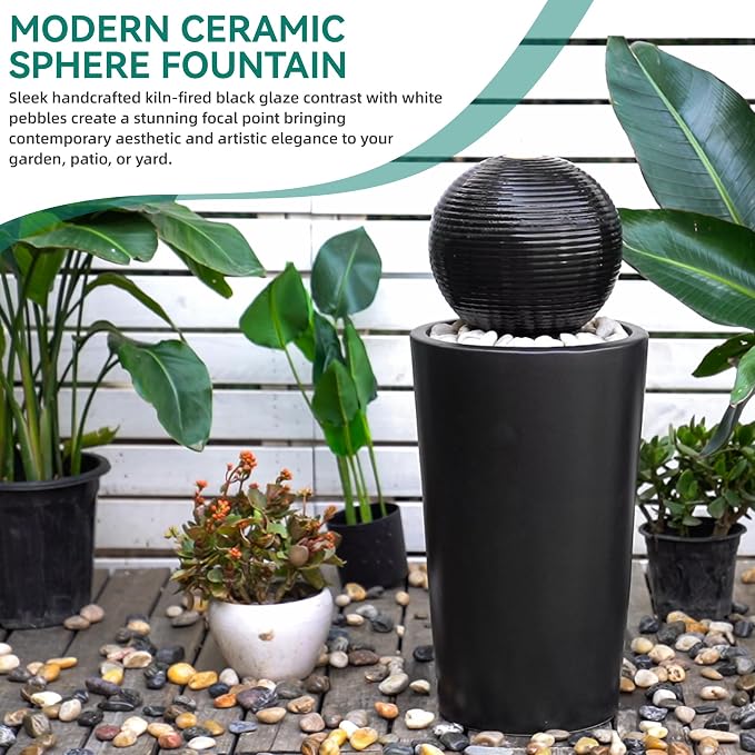 Autodaya 30"H Ceramic Sphere Water Fountain with LED Light for Garden Patio | Modern Minimalist Design, Black Glaze with White Pebbles, Soothing Trickling Water Feature, Artistic Charm, Tranquil Ambiance