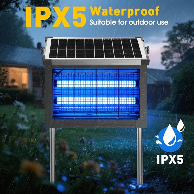 Solar Bug Zapper Outdoor, 4500V Solar Mosquito Zapper Outdoor Waterproof, 1/2 Acre Coverage Rechargeable Electric Fly Zapper, Cordless Portable Mosquito Traps for Backyard, Patio, Camping, Indoor