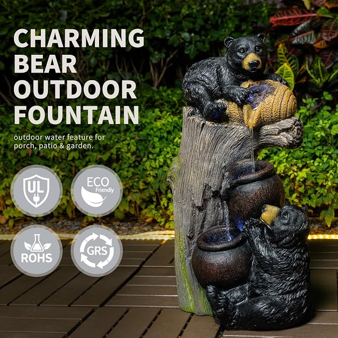 23.6'' Bear Outdoor Water Fountain with LED Lights, Cascading Resin Garden Waterfall Fountain with Pump, Cute Animal Water Feature for Patio Yard Backyard Balcony Decor