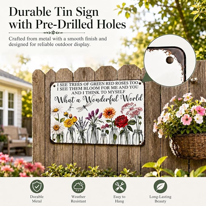 Vintage Flower Garden Metal Sign, 8x12 In Rustic Tin Wall Decor | floral metal sign with rope and 4 pins for garden, porch, patio, fence, farmhouse and home wall decor