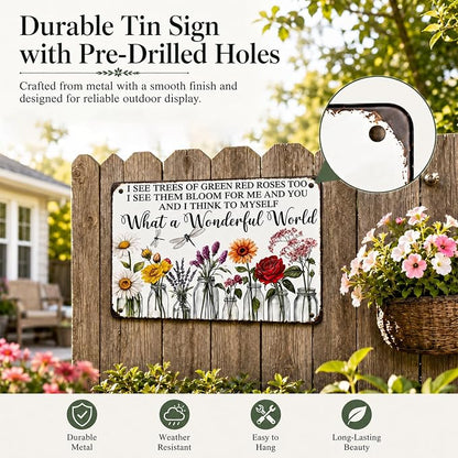 Vintage Flower Garden Metal Sign, 8x12 In Rustic Tin Wall Decor | floral metal sign with rope and 4 pins for garden, porch, patio, fence, farmhouse and home wall decor