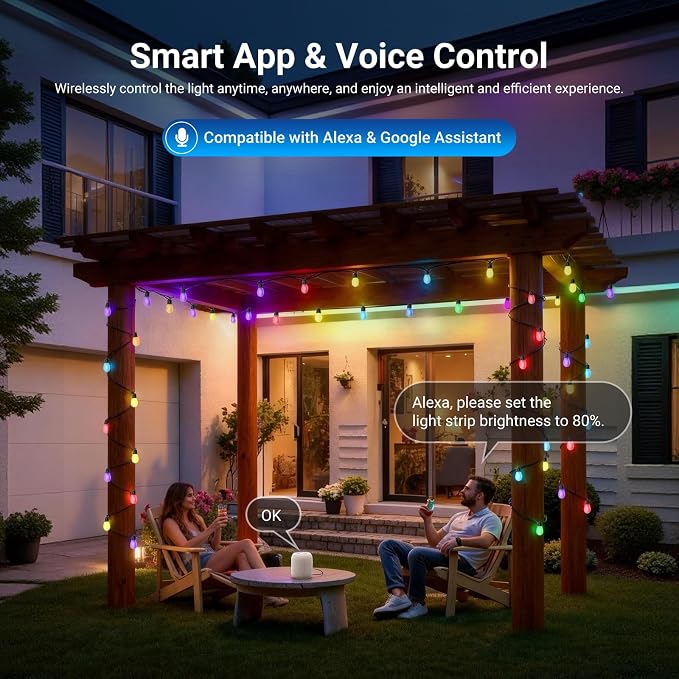 NEEWER 48ft Outdoor String Lights, App Control Smart AI RGB IC W Hanging Outside Patio Balcony Backyard Holiday Lighting, IP65 Waterproof, 15 LED Bulbs, 50+ Scenes, Compatible with Alexa Google, NR01