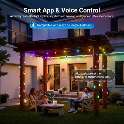 NEEWER 48ft Outdoor String Lights, App Control Smart AI RGB IC W Hanging Outside Patio Balcony Backyard Holiday Lighting, IP65 Waterproof, 15 LED Bulbs, 50+ Scenes, Compatible with Alexa Google, NR01