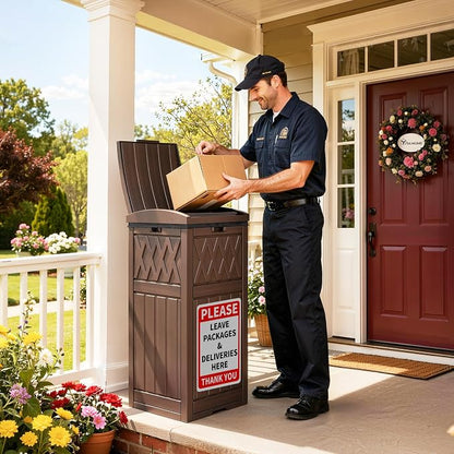 YITAHOME Package Delivery Box with Lift-Out Bag, 31 Gallon Waterproof Parcel Drop Box with Sign, Resin Porch Package Container for Curbside& Outdoor Use, Dark Brown