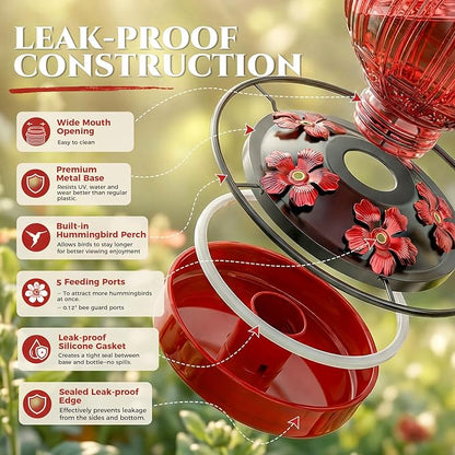 2 Pack Glass Hummingbird Feeder for Outdoors Hanging, Bird Nectar Feeder with Perch & 5 Flower Feeding Ports, 26 Oz Leak Proof for Outside Garden Decor Backyard, Gifts for Women Mom, Red + Purple Red