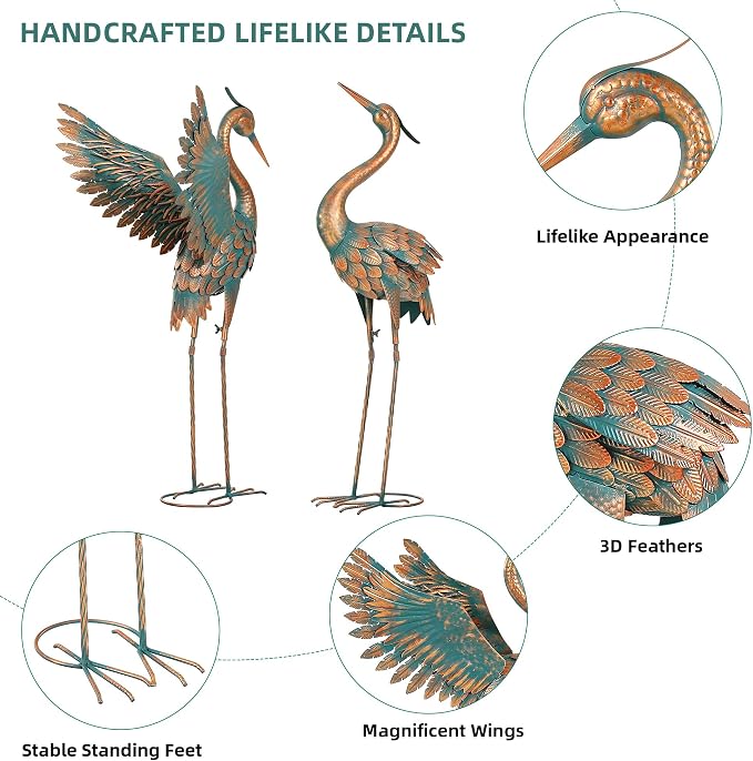 36.8" Metal Crane Garden Statue, Extra-Large Heron Yard Art | Handcrafted Blue Heron with U-ground Stakes for Stability. Weatherproof Iron Bird Art for Backyard, Lawn, Pond, or Patio.