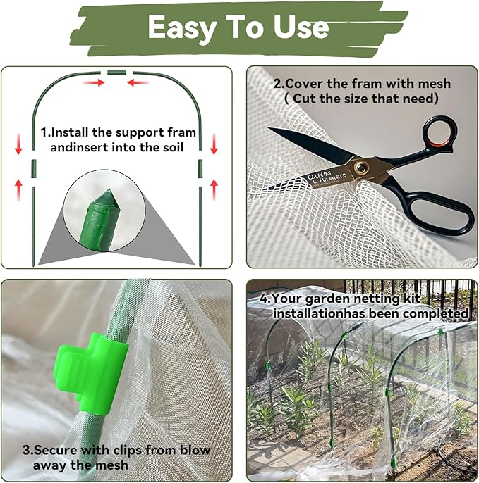 Garden Mesh Netting Kit for Raised Beds, 10 * 30FT Ultra Fine Plant Netting Covers with 6 Pcs Wide Garden Hoops & 12 Clips, Row Cover Net Protect Greenhouse Fruit Vegetable Flowers from Birds Bugs