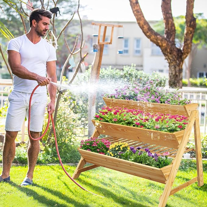 3-Tier Raised Garden Bed, Elevated Gardening Bed with Storage Shelf, Bed Liner, Garden Planter for Flowers, Vegetables, Herbs, Pine Wood Planter Box for Patio, Balcony, Porch
