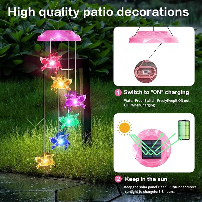 Solar Wind Chimes for Outside- Pig Wind Chimes Pink, | 7 Colors Changing Outdoor, Best Gifts for Mom Grandma Women Wife Aunt Sister, Hanging Wind Chime for Home Garden Yard Decor