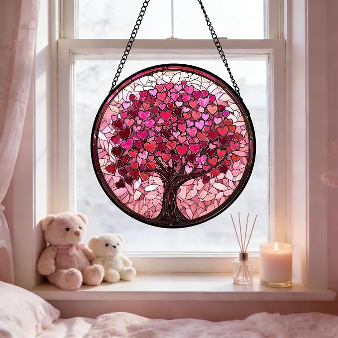Stained Glass Window Hanging, Birthday Gifts for Women Mom Grandma Nana Wife Couple, Pink Love Tree Suncatcher for Doors Window Home Sun Catchers Gifts Decor 6.3 in
