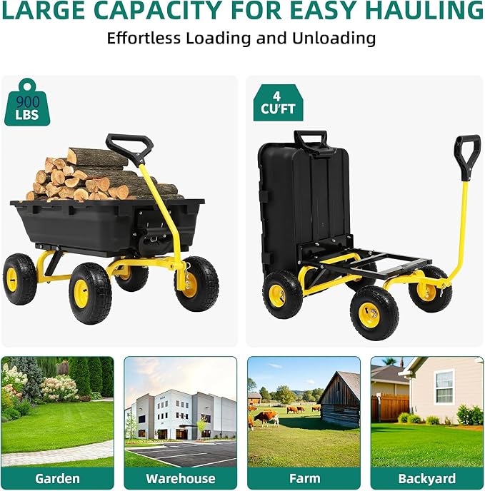 Wheelbarrow Garden Dump Cart Wagon, Yellow | Upgrade 10" All Terrain Pneumatic Tires,DIY Expansion over 900LBS Capacity, Transportation in Yard, Farm, Garden