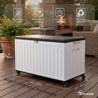 YITAHOME 90 Gallon Outdoor Storage Box with 6 Swivel Wheels & Dual Wooden | Large Double-Wall Resin Deck Box, Lockable Waterproof Patio Organizer for Furniture, Cushions, White & Black