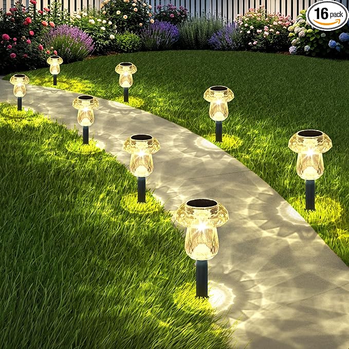 Solar Pathway Lights Outdoor 16 Pack Mushroom Garden Lights Waterproof Solar Powered Yard Lighting for Landscape, Driveway, Path, Walkway, Patio, Outside Garden Decorations, 3000K Warm White