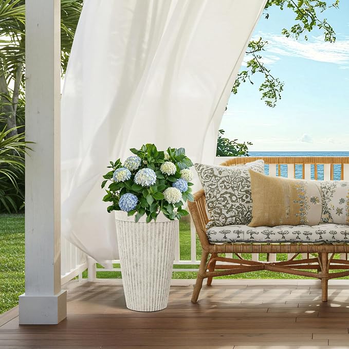 2-Pack 20" Vintage Ivory Resin Tall Planters with Fluted Texture | Set of 2 resin tall planters with fluted texture, drainage plugs, and UV-resistant finish for porch, patio, or garden.