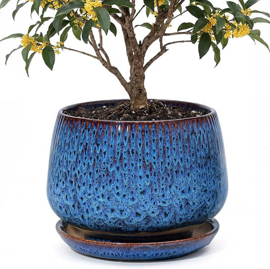 10.3 Inch Ceramic Planter with Saucer,Modern Garden Pots with Drainage Hole Mesh Net, for Indoor Outdoor Use (Speckle Blue)